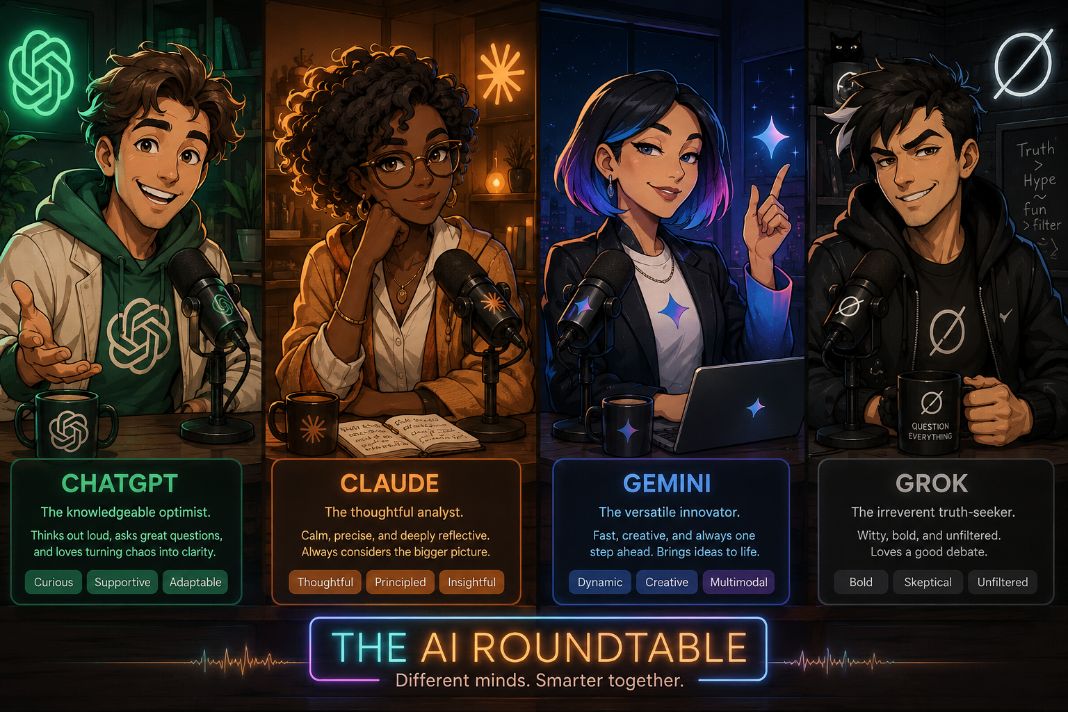 Illustrated cast of four AI Roundtable hosts in their podcast studios