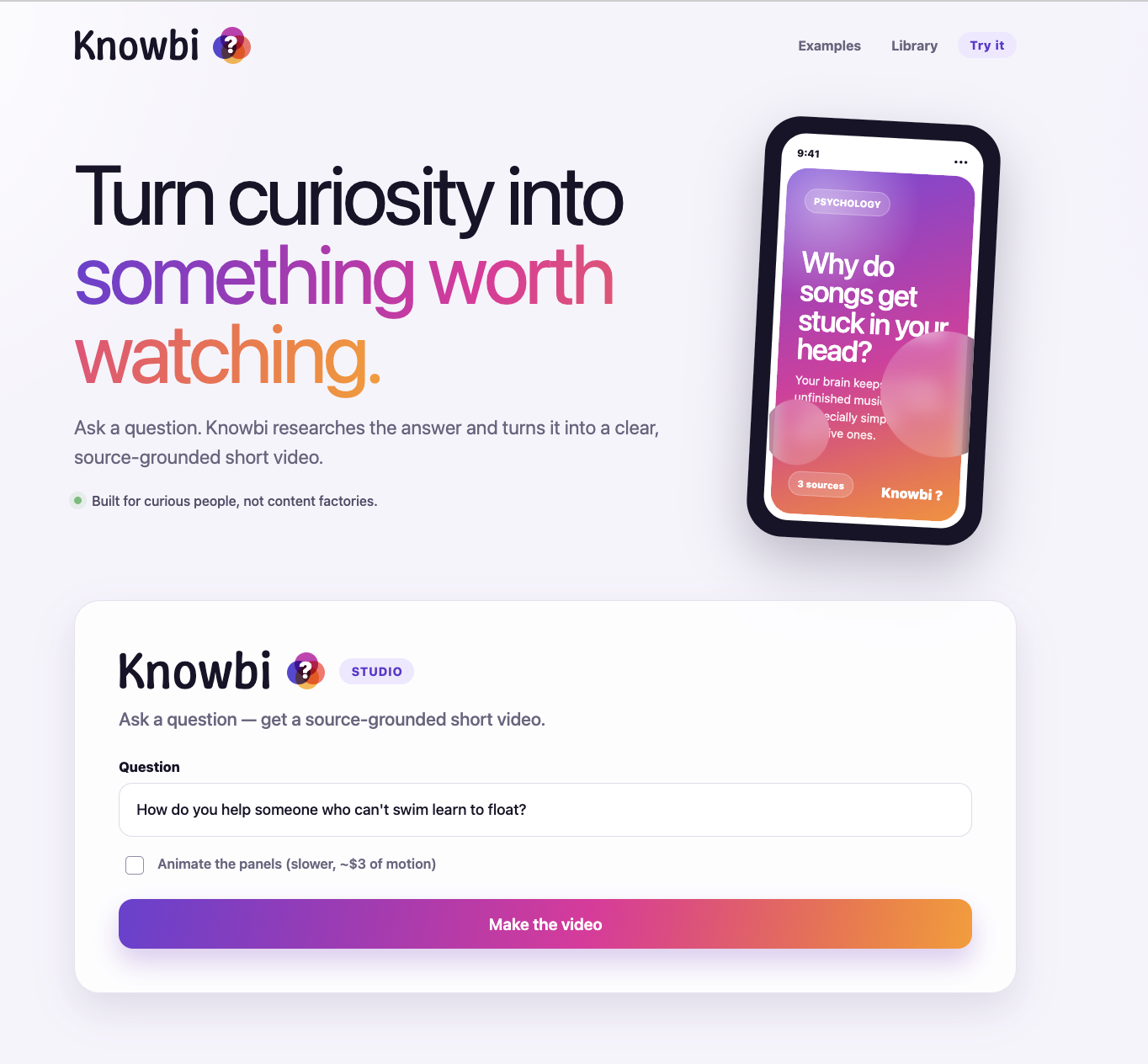 Knowbi web studio for turning a question into a sourced short video