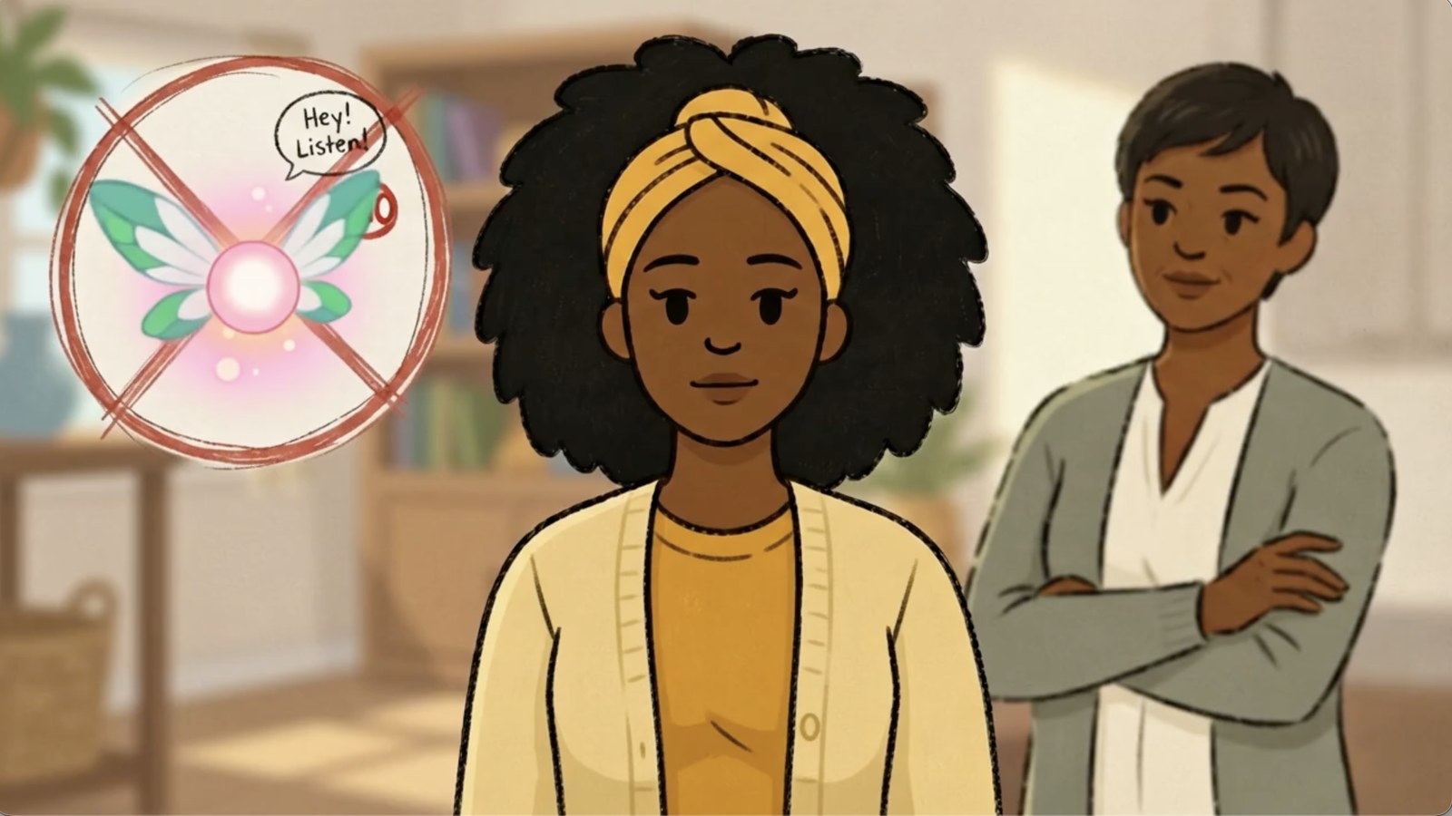 Animated scene: Quai and his mother, both smiling, beside a crossed-out Navi fairy saying “Hey! Listen!”