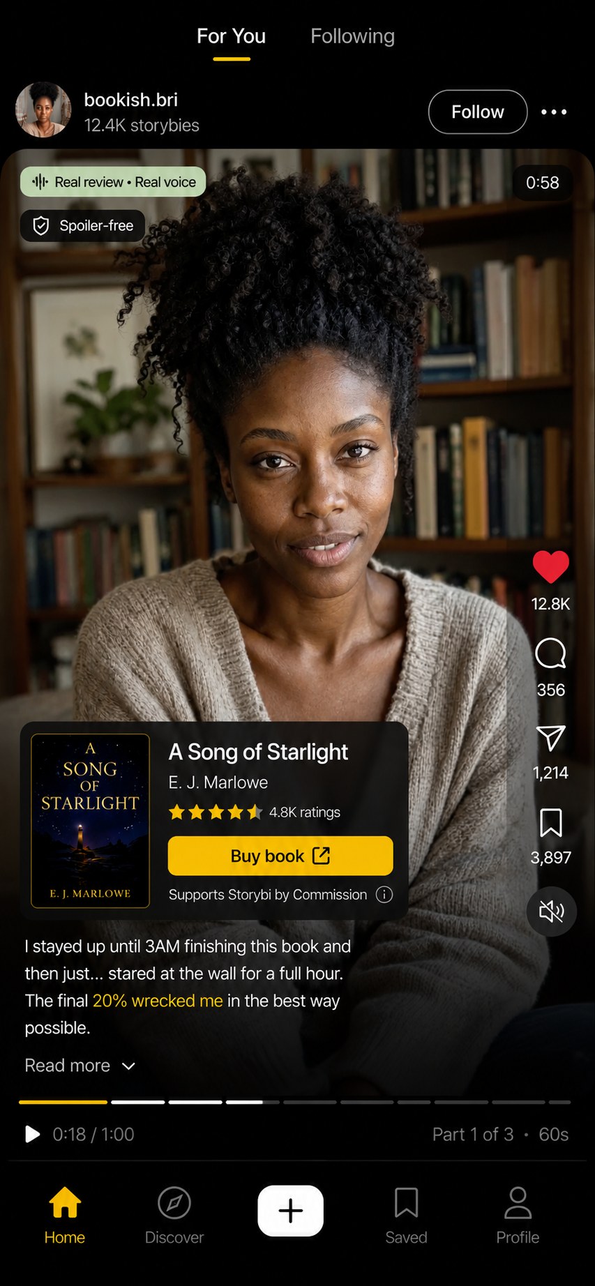 Storybi feed showing an AI presenter reviewing A Song of Starlight